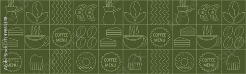 Geometric coffee pattern in minimalist style. Geometric line drawing. Abstract print background with simple shapes for coffee shop, food packaging, cafe wall, menu.