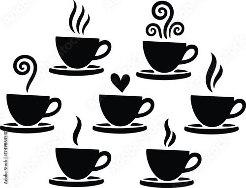 Silhouette coffee cups with steam and heart on white background