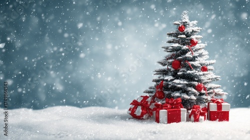 Snowy blue winter scene showcases frosted pine, red ornaments, and wrapped gifts. For Christmas cards, holiday posters, or branding.