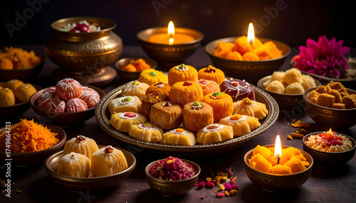 Vibrant assortment of traditional Indian sweets and auspicious oil lamps, creating a warm, inviting atmosphere for cultural celebrations and festive occasions