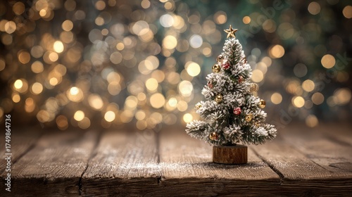 Christmas tree on wood presents holiday bokeh. Snowy surface shows detail. Ideal for product photography, posters, and seasonal backdrop.
