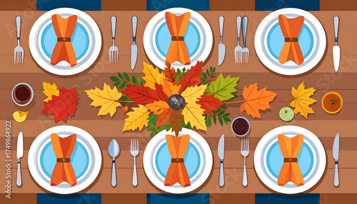 Autumnal dinner table setting prepared for a holiday feast, adorned with colorful fall leaves, elegant plates, and cutlery for a festive family gathering
