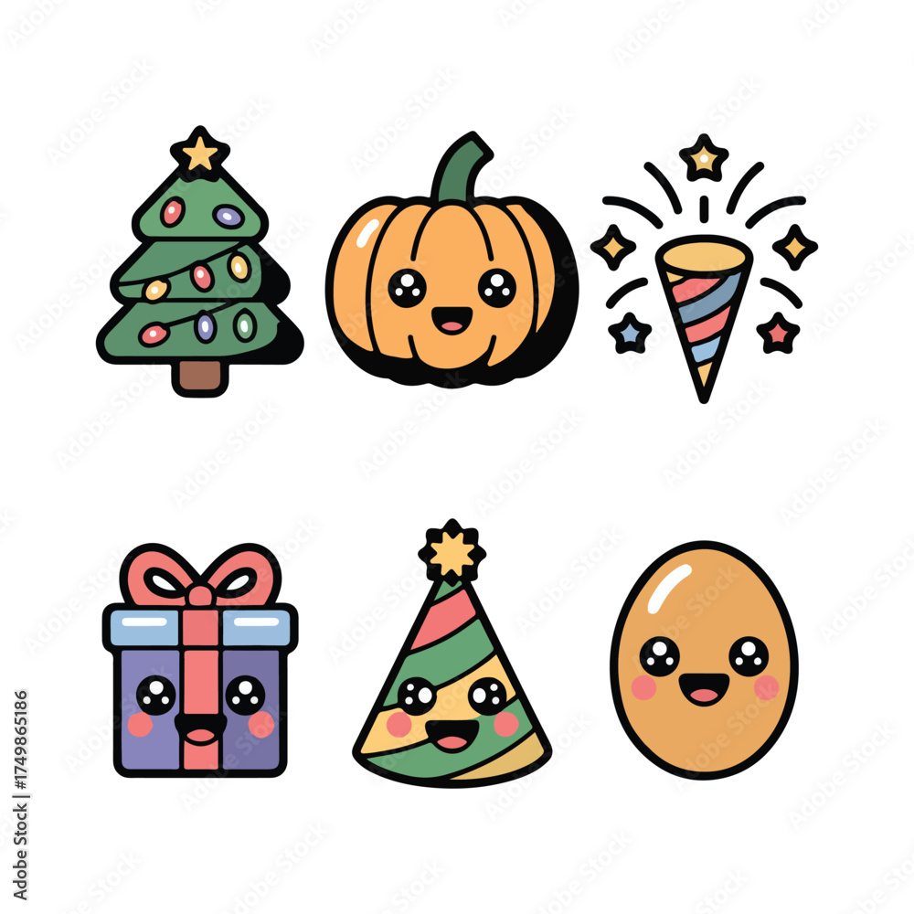 Fototapeta premium Holiday celebration icons set with Christmas tree pumpkin gift and fireworks in kawaii style