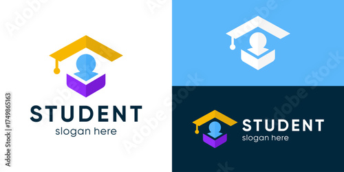 Creative simple student logo template. Abstract graduation cap with people study logo design vector illustration.