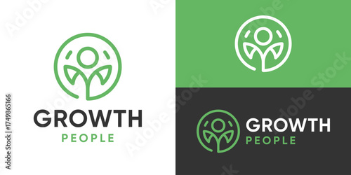 Creative simple growth people logo template. Nature leaf with people logo design vector illustration.
