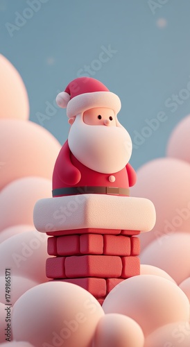 Cute Santa Figurine Stands on Chimney Surrounded by Fluffy Clouds During Holi...
