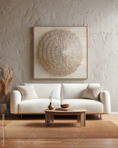 Elegant Modern Living Room Featuring Light Colors and Natural Textures With M...