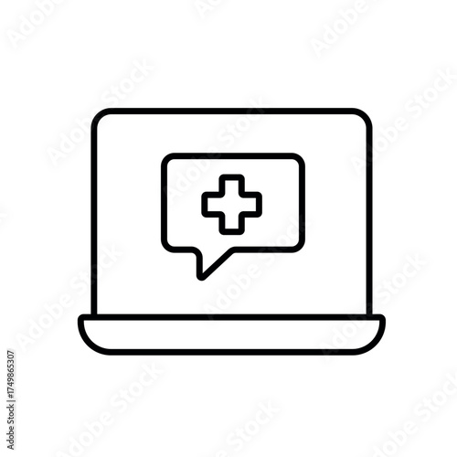 A vector icon of a laptop with a medical chat bubble, representing telemedicine services, created in line style with editable stroke