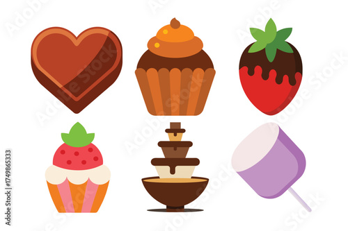 Dessert confectionery icon set featuring chocolate heart, cupcake, dipped strawberry, and fountain on white background.