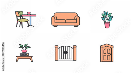 Furniture and Fixtures Illustration Coffee Table, Sofa, Plant Pot, Gate, and Door