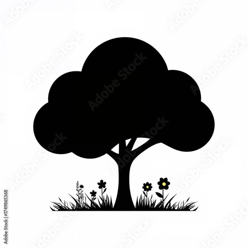 Silhouette of a large tree with blooming flowers and grass on a white background, evoking nature and growth
