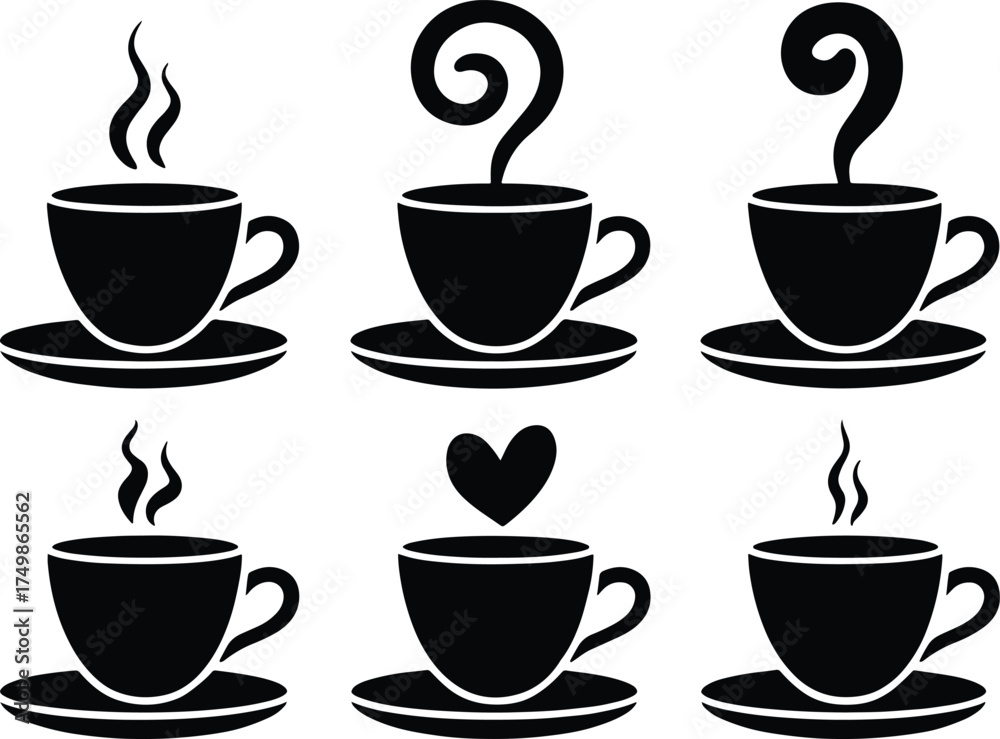Obraz premium Variety of coffee cups with different symbolic steam on white background