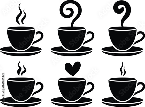 Variety of coffee cups with different symbolic steam on white background