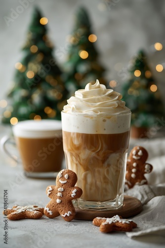 Festive Coffee Drink With Whipped Cream and Gingerbread Cookies at a Holiday ...