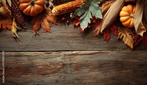 Autumn Harvest Decorations With Pumpkins, Corn, and Leaves on Rustic Wooden T...