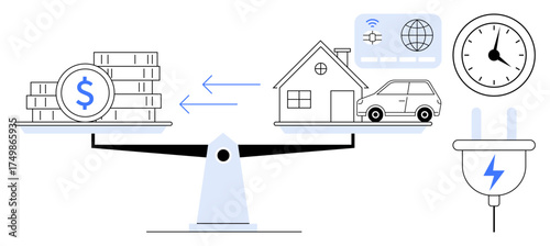 Scales comparing money and resources thumbs up a house and car, connected by energy and digital interfaces. Ideal for budgeting, finance, resource allocation, sustainability, investments, efficiency