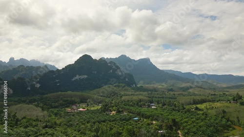 Aerial view of Khao Sok National Park in Thailand, showing lush jungle, palm plantations and majestic mountains rising in the distance under tropical sunlight