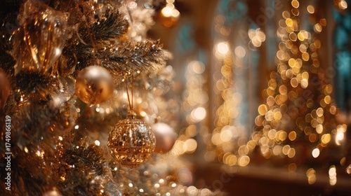 Gold festive bokeh glows on tree. Christmas/New Year background, posters, product photography.