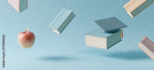 Floating Books and a Red Apple Symbolize Education and Learning in a Creative...