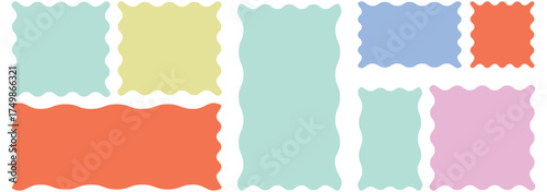 Whimsical Coquette wavy edge stickers rectangle, oval and circle shapes. Vector jagged geometric designs. Abstract Rectangle, square frames with wiggly borders. Rectangle shape frame with zigzag edge