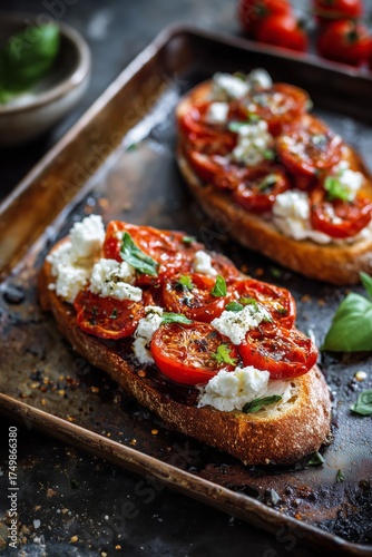 Delicious Baked Bread Topped With Tomatoes and Cheese Served on a Rustic Table