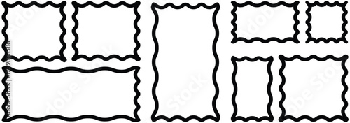 Whimsical Coquette wavy edge stickers rectangle, oval and circle shapes. Vector jagged geometric designs. Abstract Rectangle, square frames with wiggly borders. Rectangle shape frame with zigzag edge