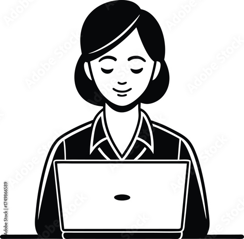 A friendly smiling woman works diligently on her laptop computer at a desk