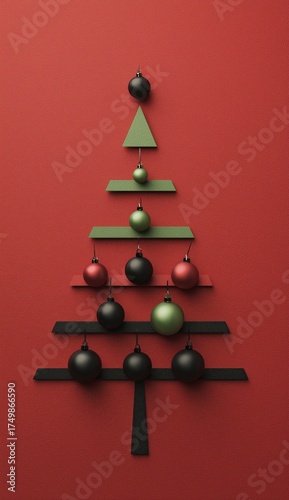 Colorful Minimalist Christmas Tree Design on a Bright Red Background