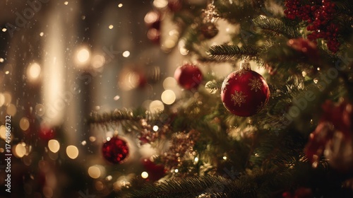 Ornate red Christmas tree decorations and warm bokeh lights create a festive mood for holiday backgrounds, greeting cards, or seasonal posters.