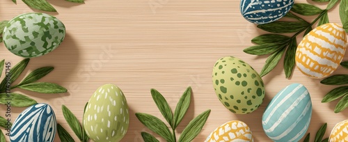 Colorful Decorated Eggs Surrounded by Green Leaves for Spring Celebration