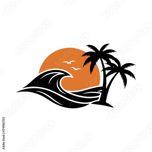 Tropical coconut palm tree and ocean beach resort logo design for summer-themed branding