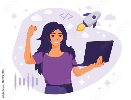 Attractive successful business is happy. Project launch. Confident businesswoman concept. A woman is standing with a laptop. Flat Vector Illustration