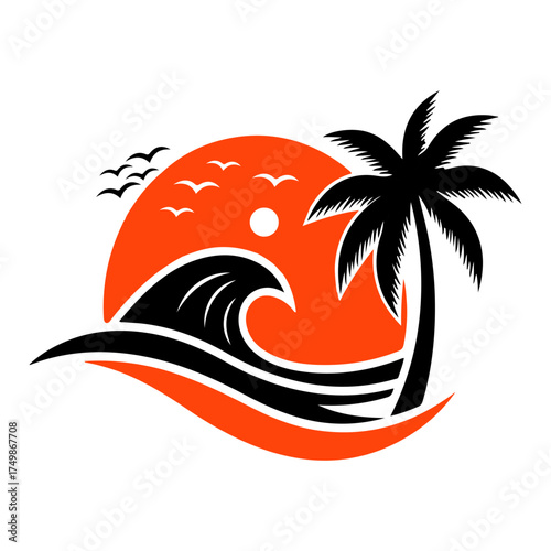 Tropical coconut palm tree and ocean beach resort logo design for summer-themed branding