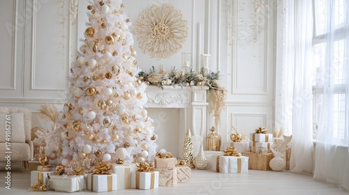White Christmas tree shines in bright room. Perfect for holiday backgrounds, branding, and social media.