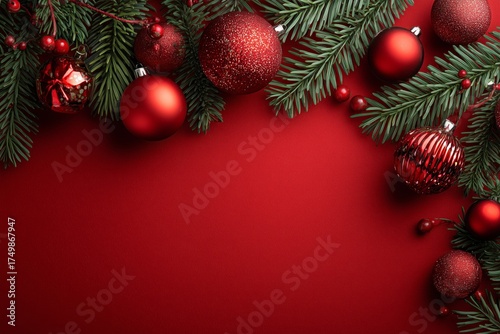 Elegant Red and Green Holiday Decorations With Ornaments on a Red Background ...