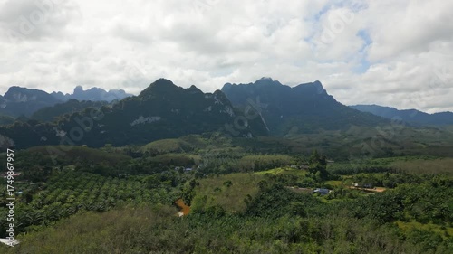 Aerial view of Khao Sok National Park in Thailand, showing lush jungle, palm plantations and majestic mountains rising in the distance under tropical sunlight