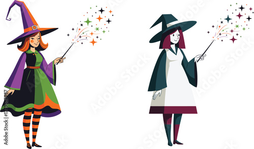 Halloween witch characters, beautiful cartoon witches holding magic wands with colorful sparks, fantasy sorceress costume design, spooky holiday vector illustration