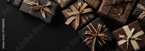 Elegant Brown and Black Gift Boxes Arranged on a Dark Surface for a Special C...
