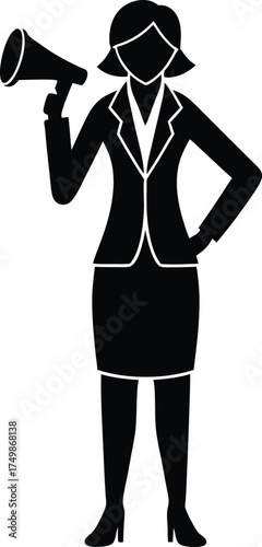 A professional businesswoman silhouette holds a megaphone and makes an announcement or communicates loudly