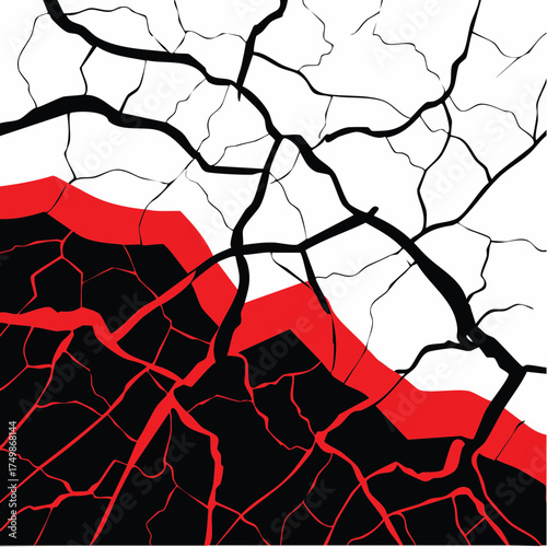 Abstract cracked surface illustration black and white design with red accent