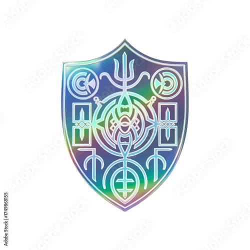 Intricate holographic shield design with mystic symbols offers a captivating futuristic element for your creative project or branding concept, bringing a modern touch.