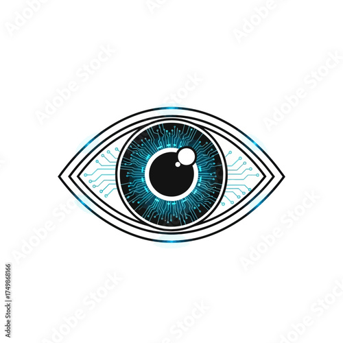 Futuristic cyber eye with glowing blue digital circuit pattern offers a cutting-edge technology concept for security, surveillance, or innovative design