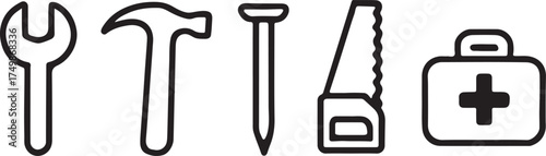 Minimal handyman tools line icon set with simple outline design for repair, service, and construction.