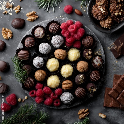 Delicious Chocolate Truffles With Fresh Berries and Nuts Arranged Beautifully...