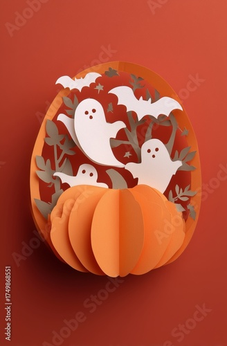 Unique Paper Art Decoration Featuring Ghosts and Bats on a Pumpkin for Hallow...