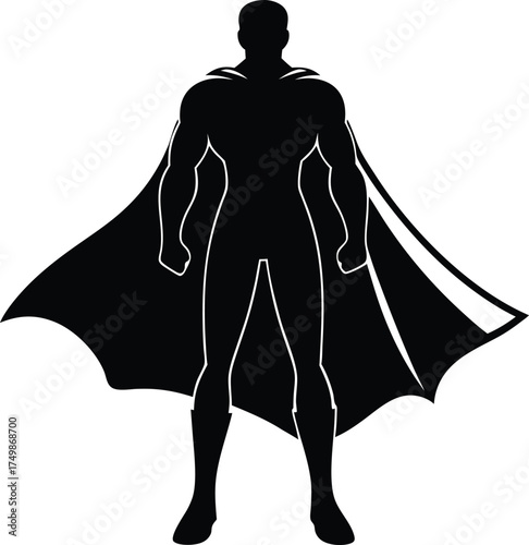 A strong black silhouette of a caped superhero standing confidently with arms slightly bent
