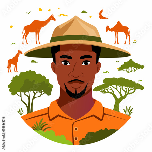 African man with safari hat surrounded by animals and trees illustration