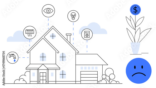Smart home showing interconnected devices for energy, security, and home automation. Highlighting finance burden with sad face and dollar sign. Ideal for technology, expense, security
