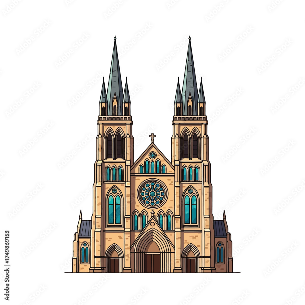 Fototapeta premium Gothic cathedral with twin spires isolated on white background