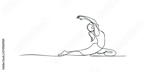Person performing yoga pigeon pose in continuous line drawing